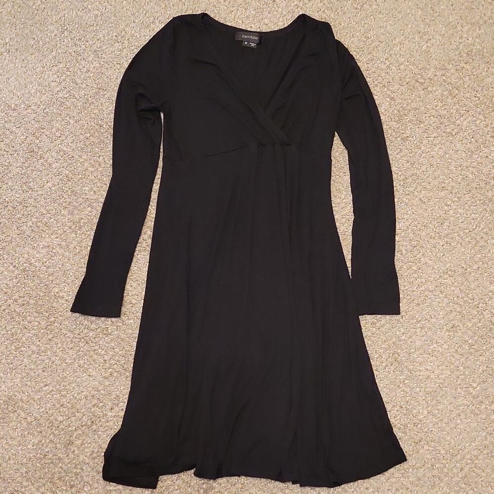 Karen Kane Black A-Line Knee Length Dress V-Neck Long Sleeve Rayon Size M